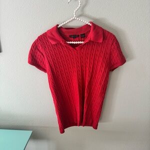 JEANNE PIERRE 100% Cotton Red Cable Knit Short Sleeve Polo